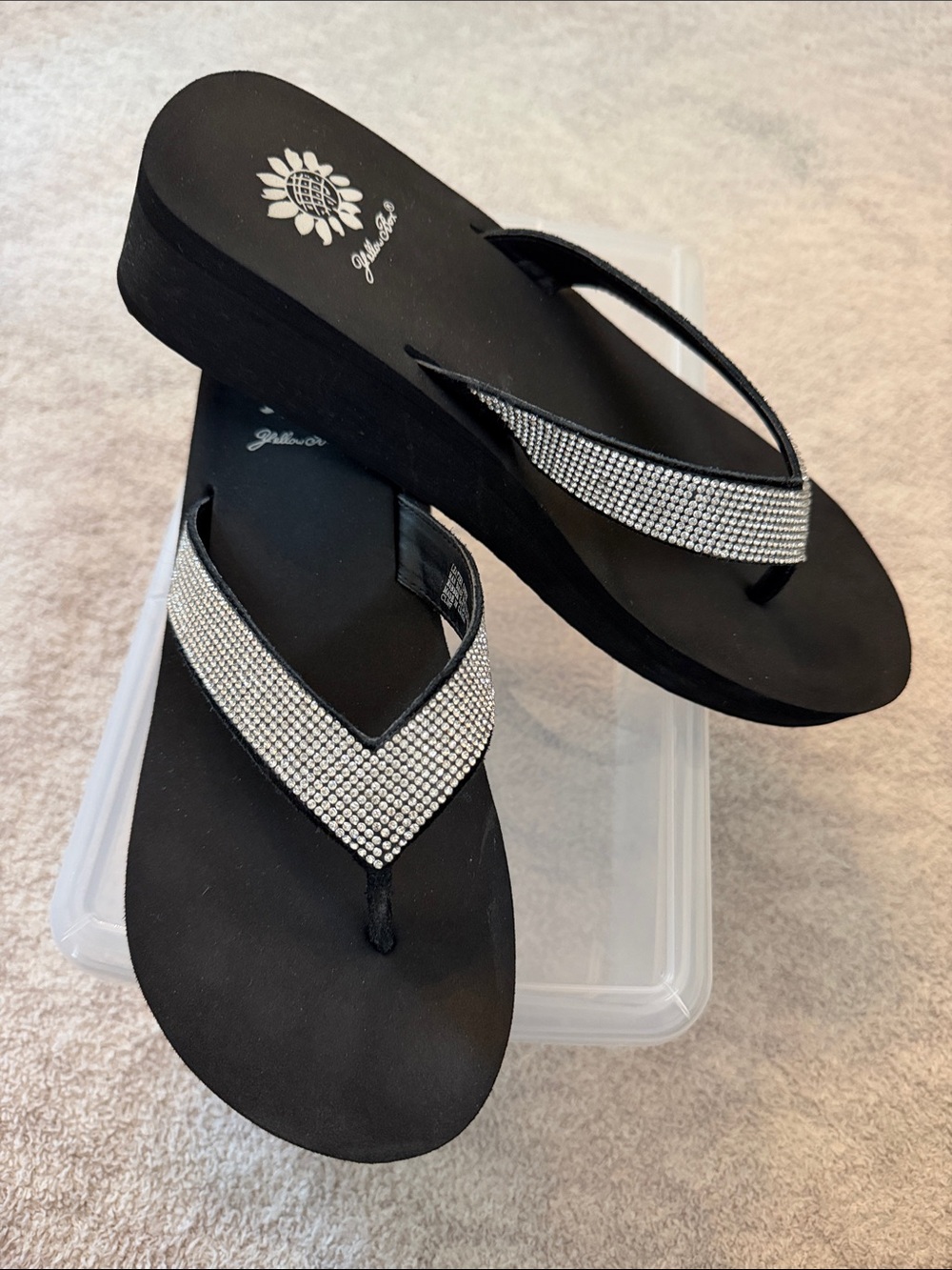 Yellow Box Black Rhinestone Wedge Sandals